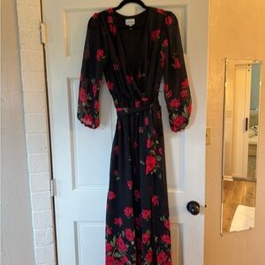 Premier Black and Red Plunge Gown with Bishop Sleeves